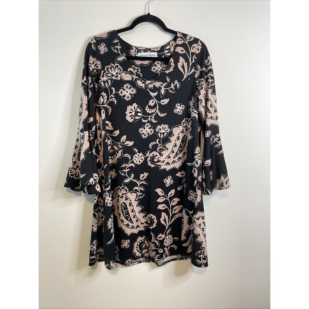 Emma Michele 1X Black Floral Paisley Bell Sleeve Dress Boho Tunic